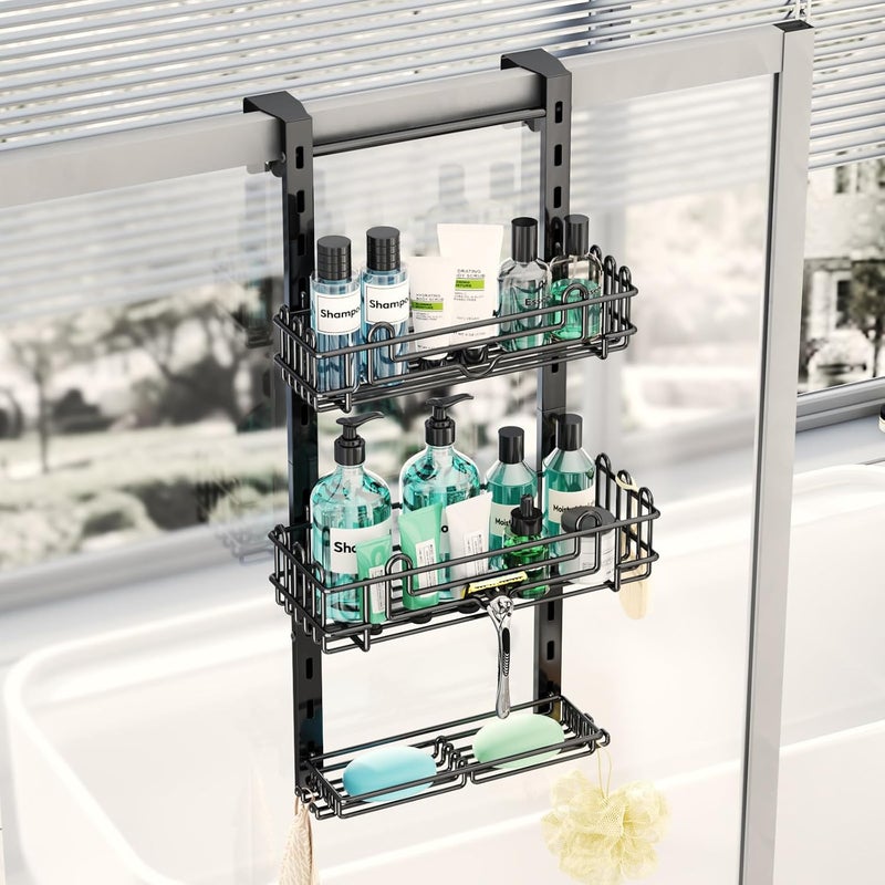 HapiRm 3 Tier Over the Door Shower Caddy, Hanging Shower Caddy with 16 Hooks and 2 Soap Holders, No Drilling Adjustable Hanging Bathroom Organizer - Black - Image 1